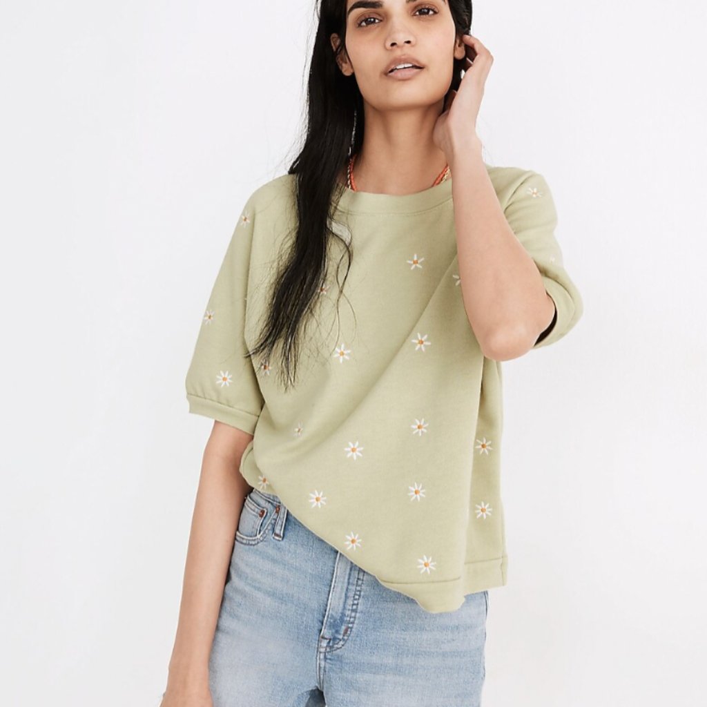 Daisy Embroidered Short-Sleeve Sweatshirt